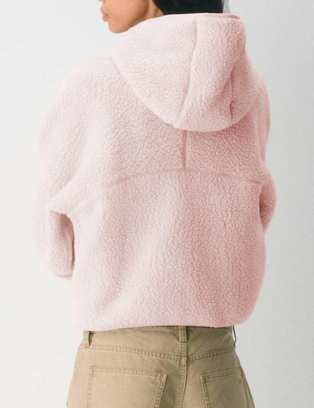 GTLIAE sherpa fleece hooded back view highlighting cropped fit and hood coverage