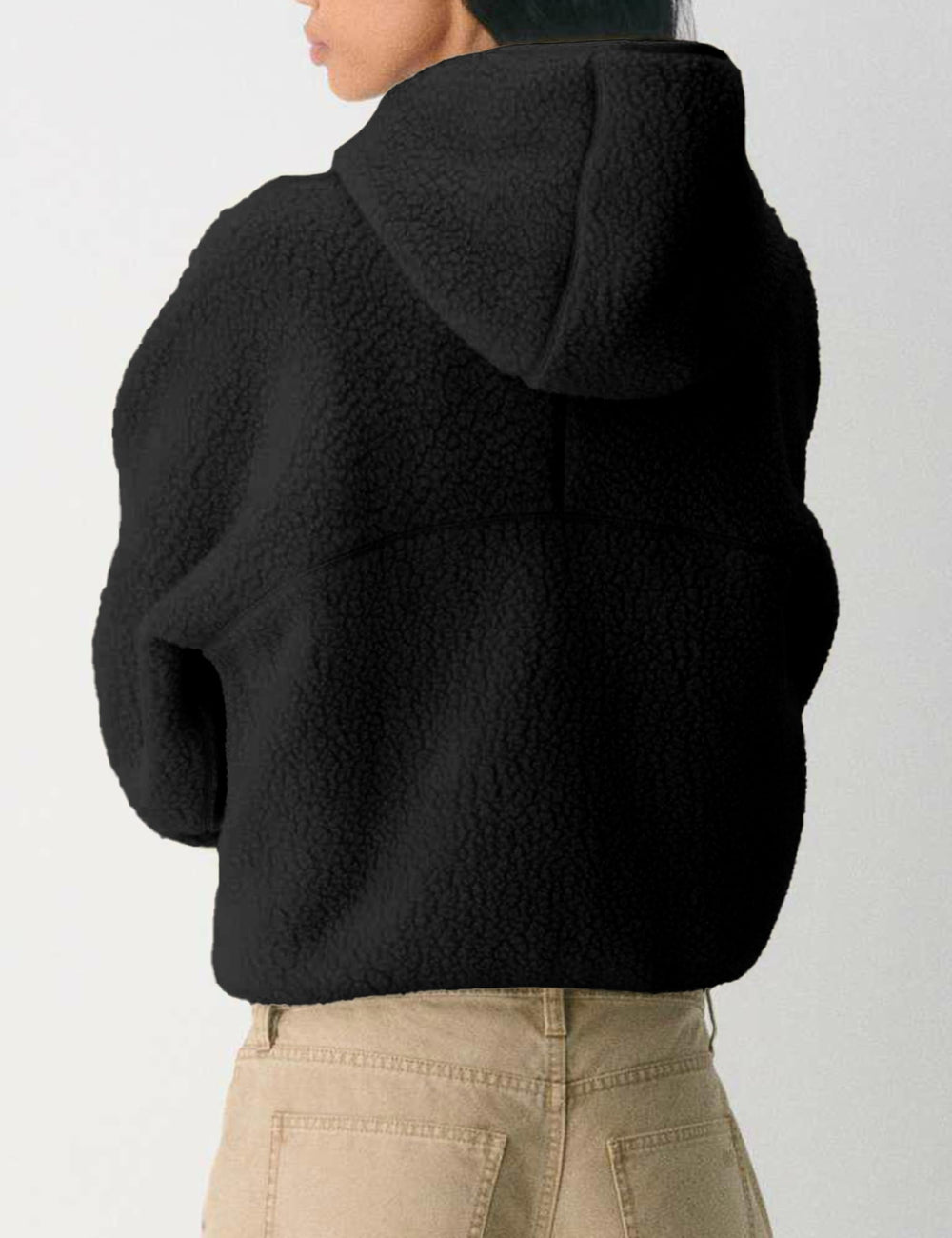 GTLIAE cropped fleece jacket with hood shown in black for easy layering
