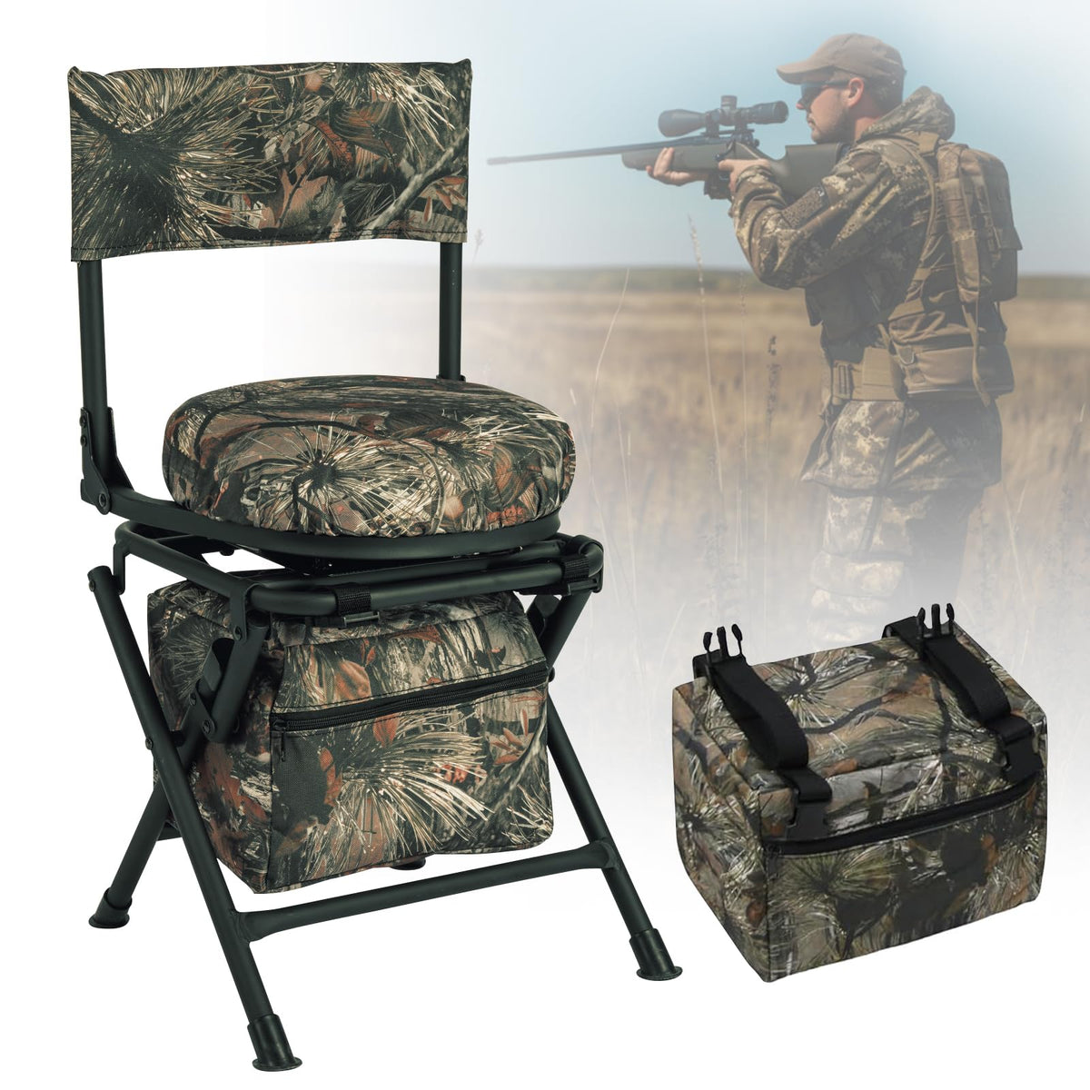 GUANIEE 360° Swivel Hunting Chair – Foldable Silent Ground Blind Seat, Camouflage Green