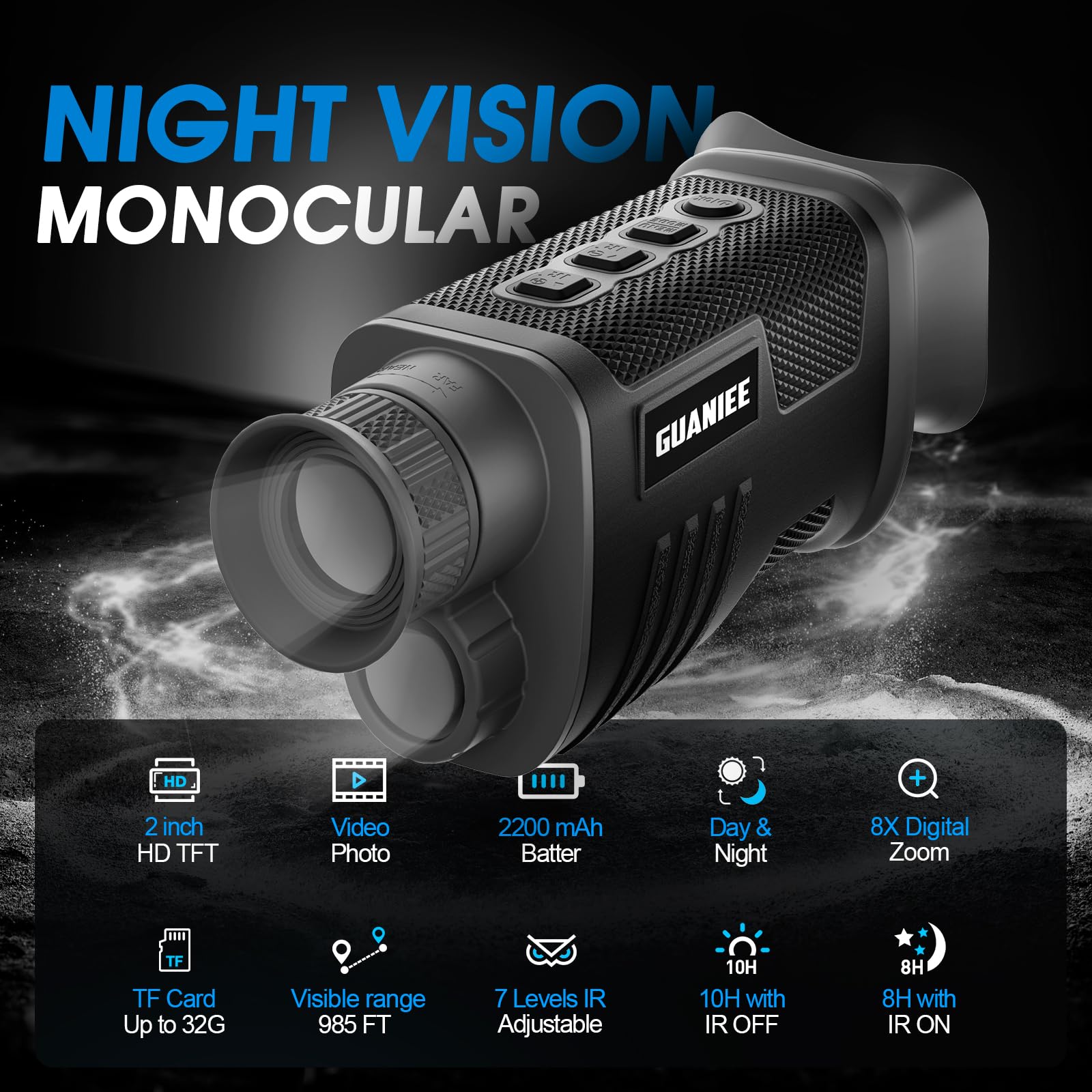 GUANIEE Night Vision Monocular tripod and 32GB card support hands-free recording.