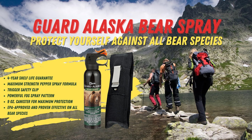 Guard Alaska bear spray demonstrating 20-foot spray range outdoors.