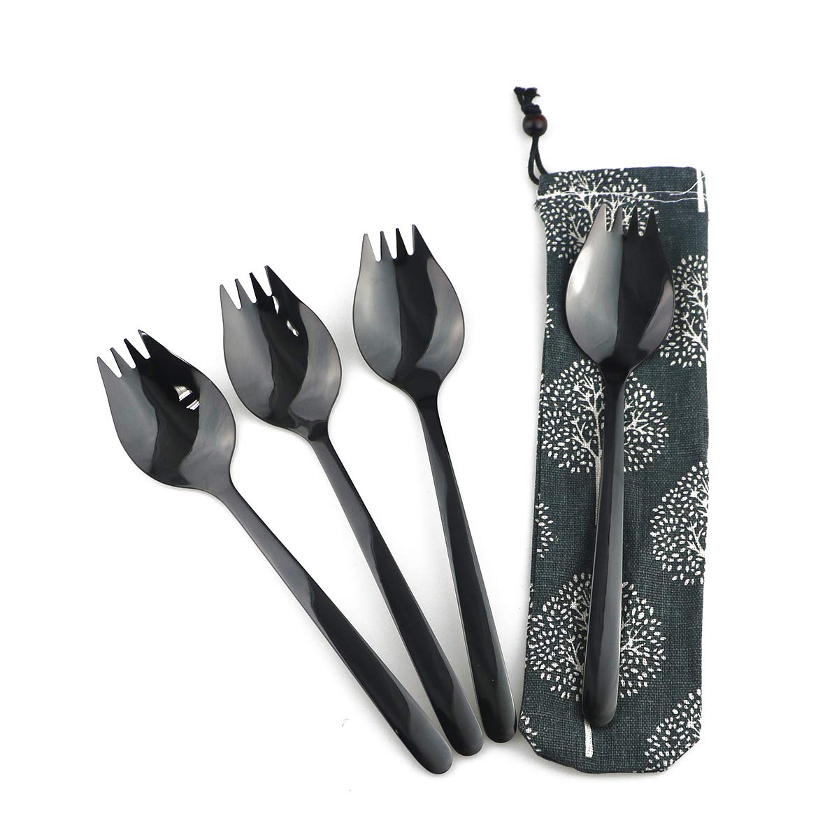 Gugrida spork set: black 4-piece, ideal for noodles and desserts on the go.