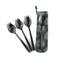 Gugrida spork set: black 4-piece, ideal for noodles and desserts on the go.