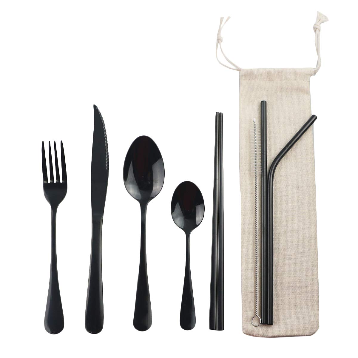 Gugrida black eight-piece flatware set in a compact travel case for meals on the go