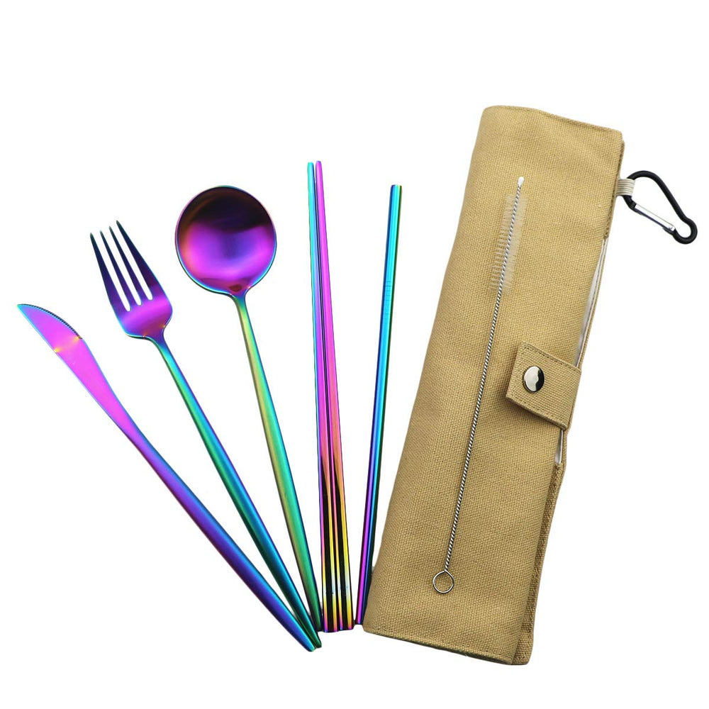 Close up of Gugrida flatware showing colorful 18/10 stainless steel finish.