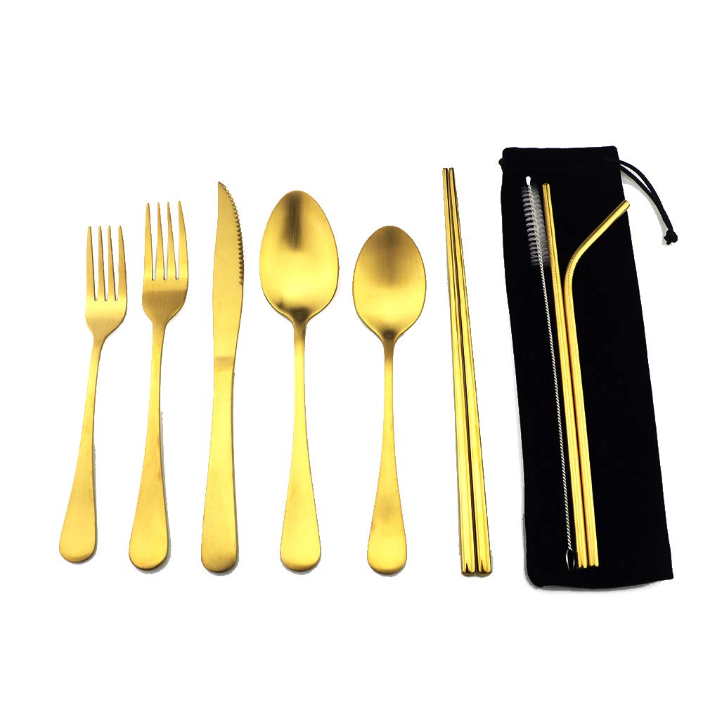 Gugrida gold reusable utensils case keeps cutlery organized for travel.