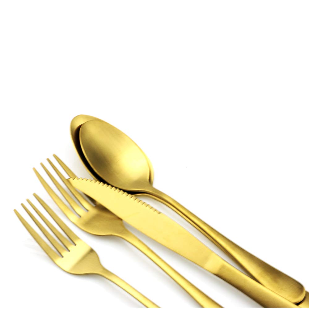 Gugrida gold table knife, fork, and spoon for versatile meals on the go.