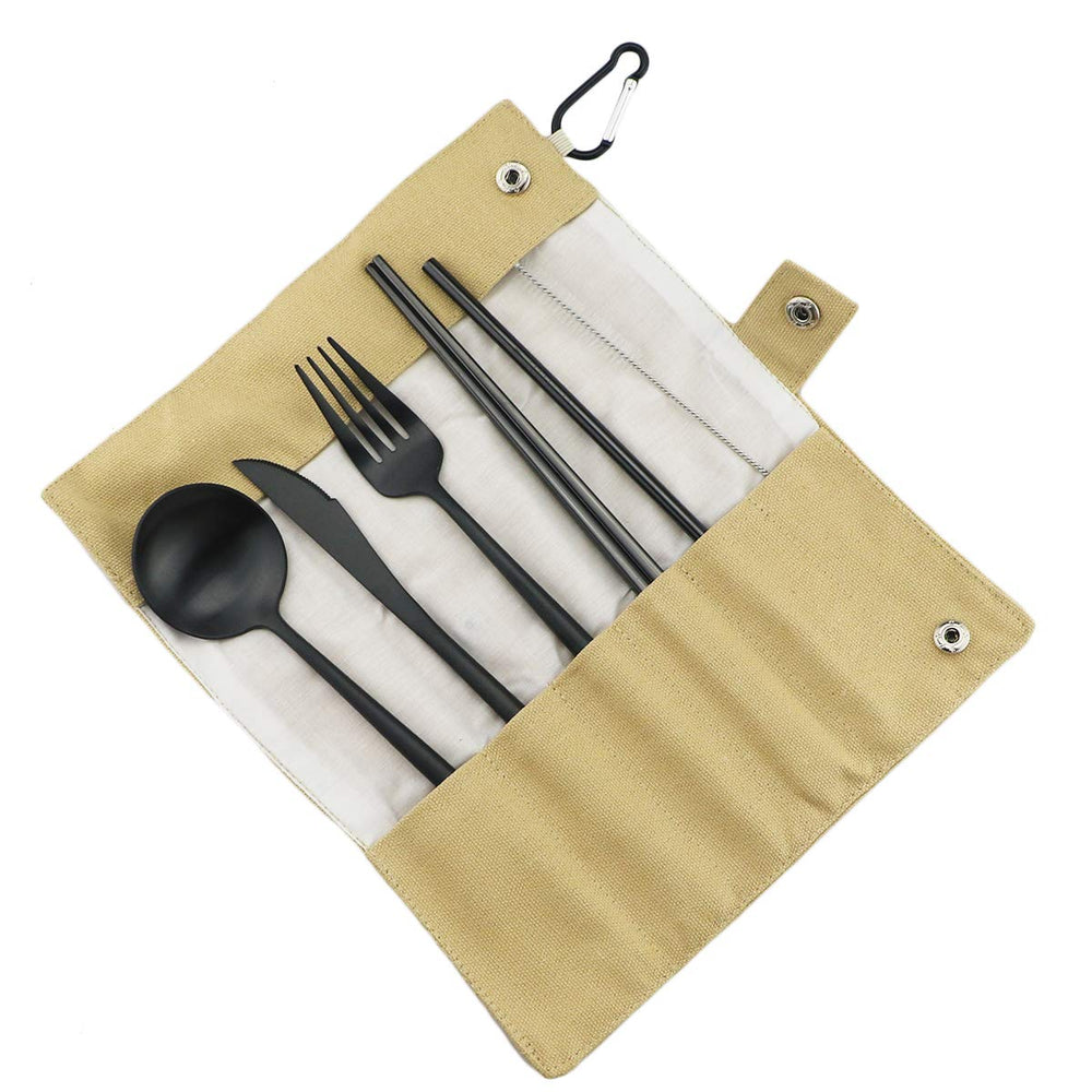 Gugrida luxury black matte travel flatware full set ready for on-the-go meals.