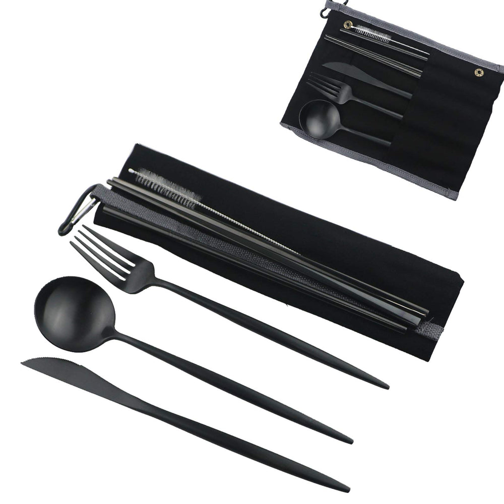 Gugrida luxury black matte travel flatware set packaged and ready to travel
