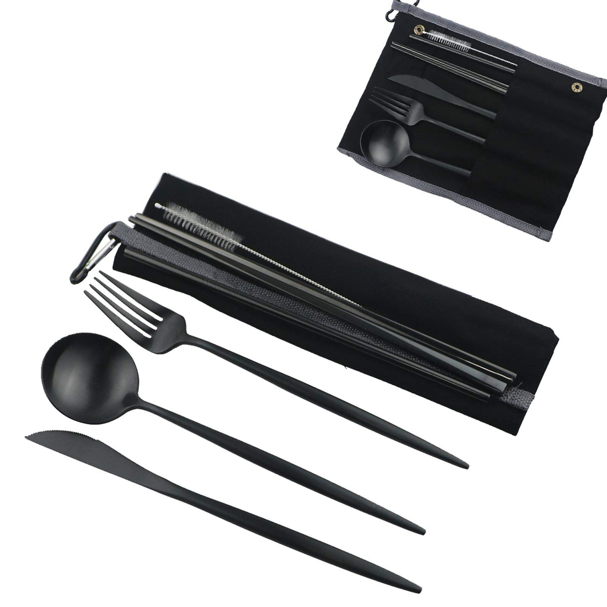Gugrida luxury black matte travel flatware set packaged and ready to travel