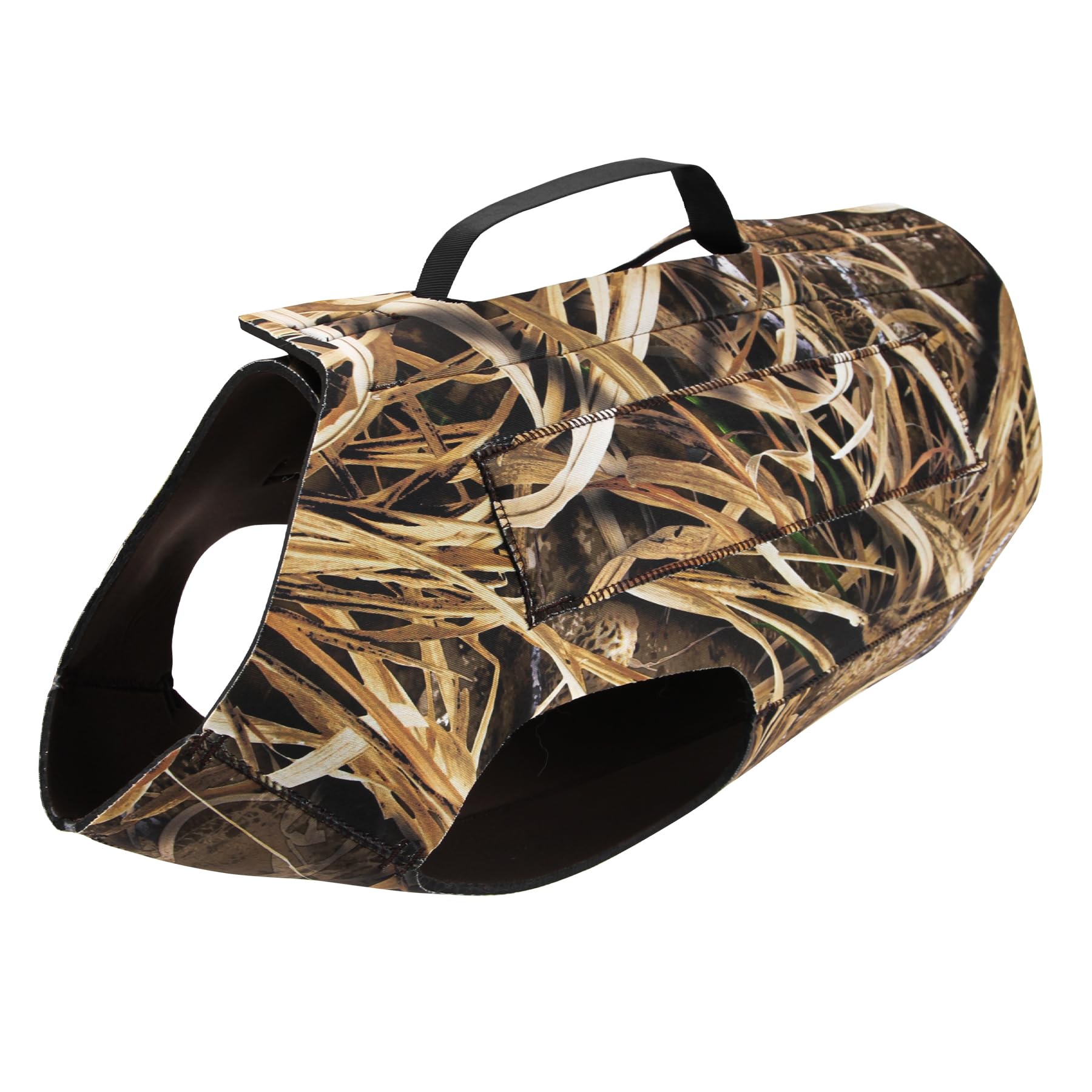 GUGULUZA 5mm neoprene hunting vest on a dog in camo for warmth and protection.