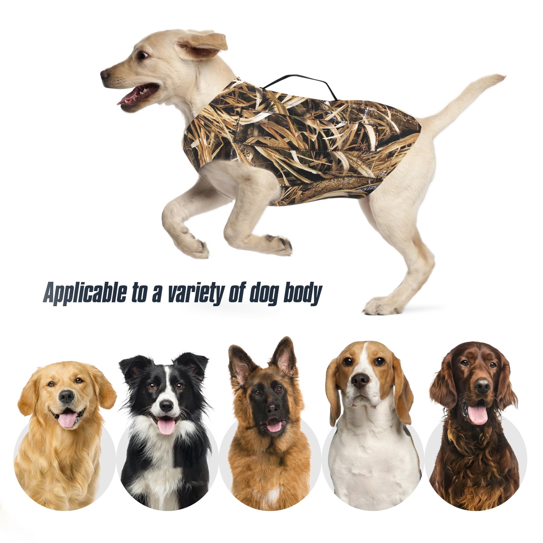 Guguluza woodland camo dog harness blends into forest terrain.