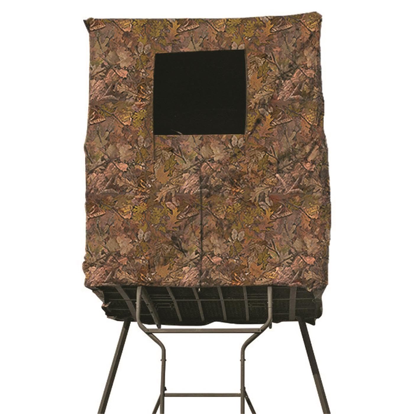 Guide Gear 2-Man universal tower blind cover installed, showing weather protection.