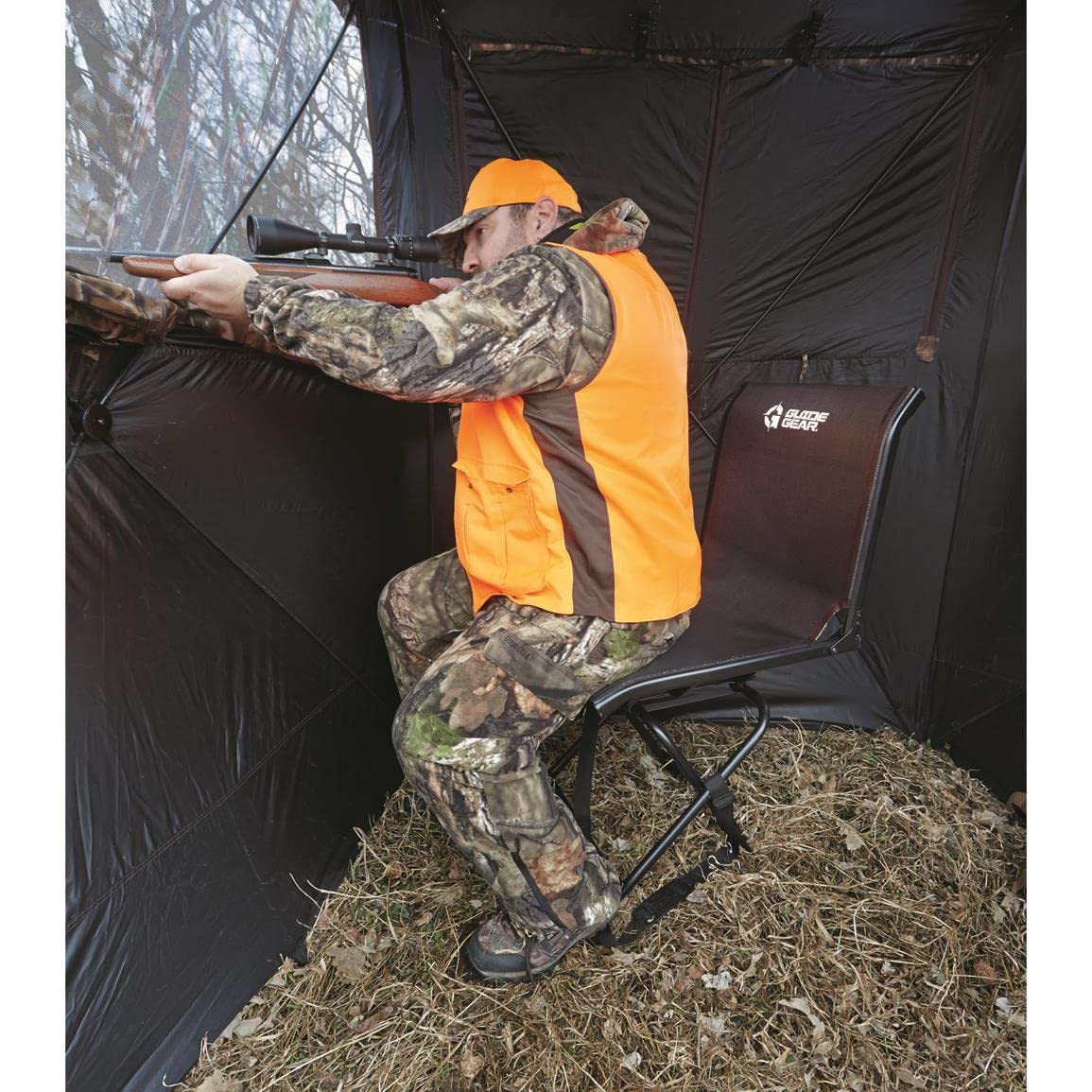 Guide Gear Big Boy hunting blind chair in use during a hunt.