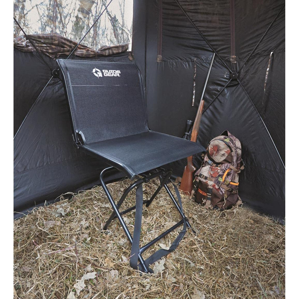 Guide Gear Big Boy hunting blind chair swivels 360° for versatile field access.
