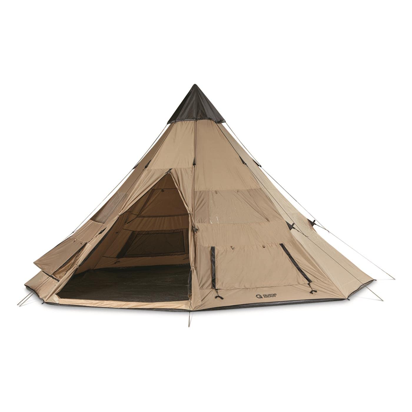 Guide Gear camping teepee tent with center pole setup for quick shelter assembly.