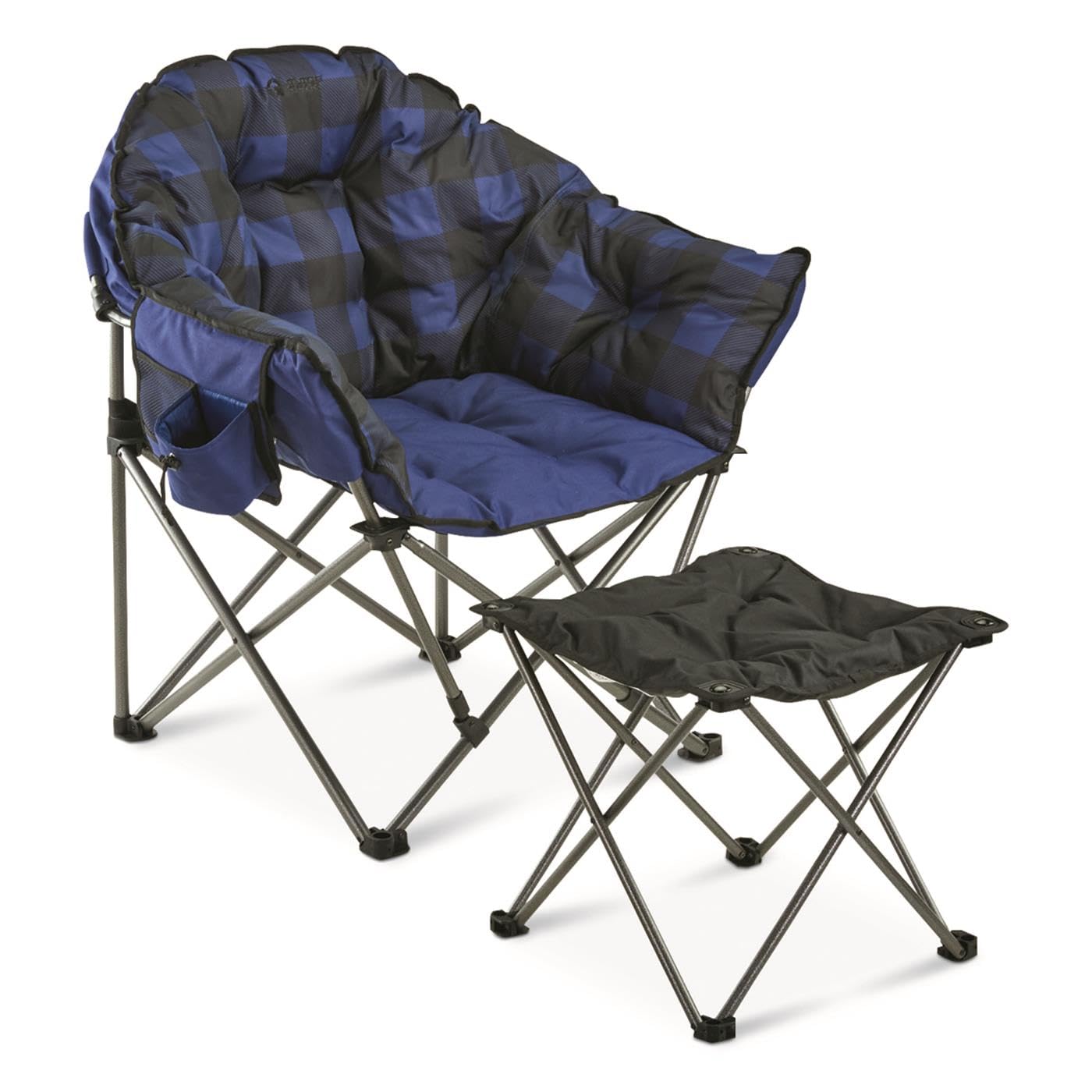 Guide Gear Club camping chair showing 500-lb capacity in blue plaid for sturdy seating.