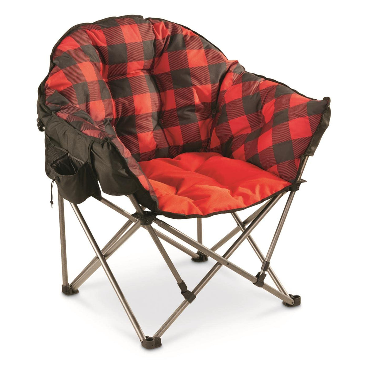 Guide Gear Club camping chair front view in red plaid for cozy campsite seating.