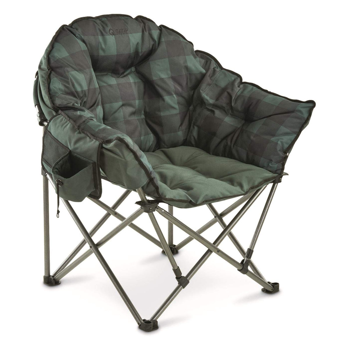 Guide Gear Club Camping Chair in green plaid, oversized comfort by the campfire.
