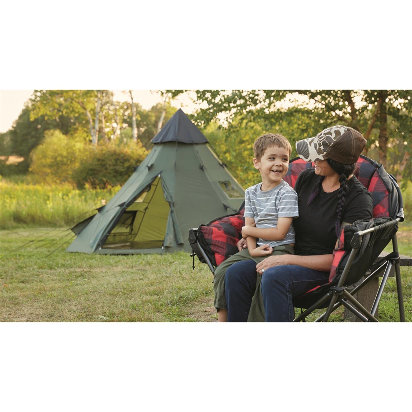 Guide Gear Club camping chair ready by the fire for seating.