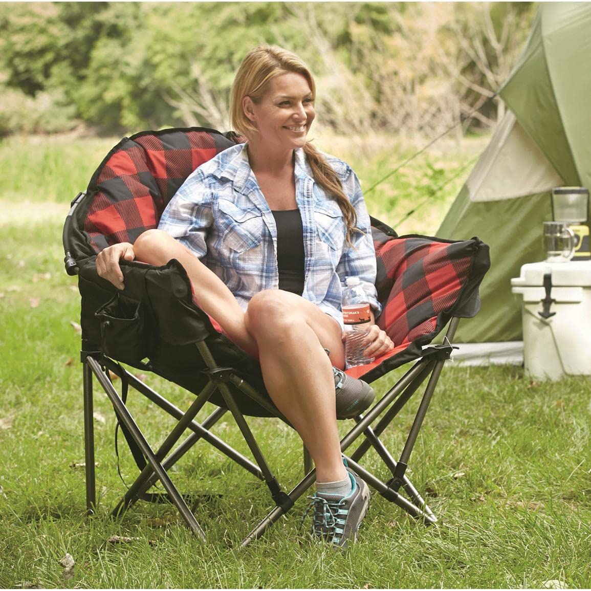 Guide Gear Club camping chair side view showing cup holder for drinks.