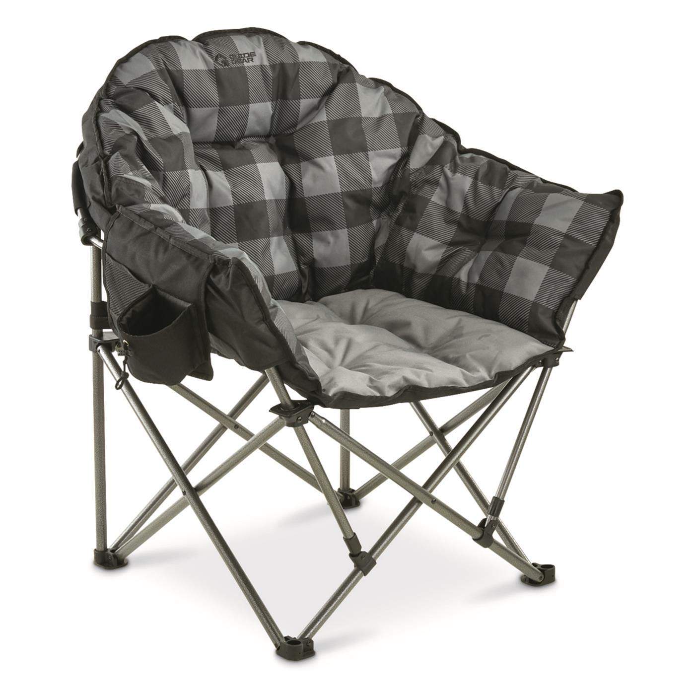 Guide Gear Club Chair with padded seat offers comfortable camp seating by the fire.