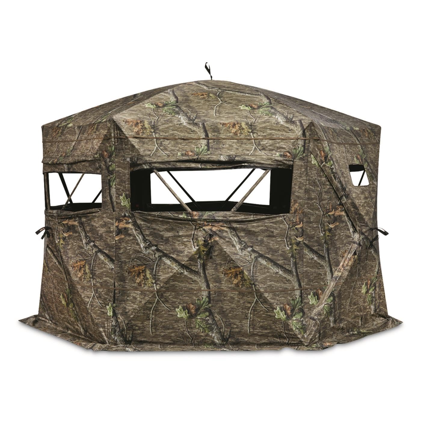 Guide Gear Educator blind exterior with large windows offering 360-degree visibility for hunting.
