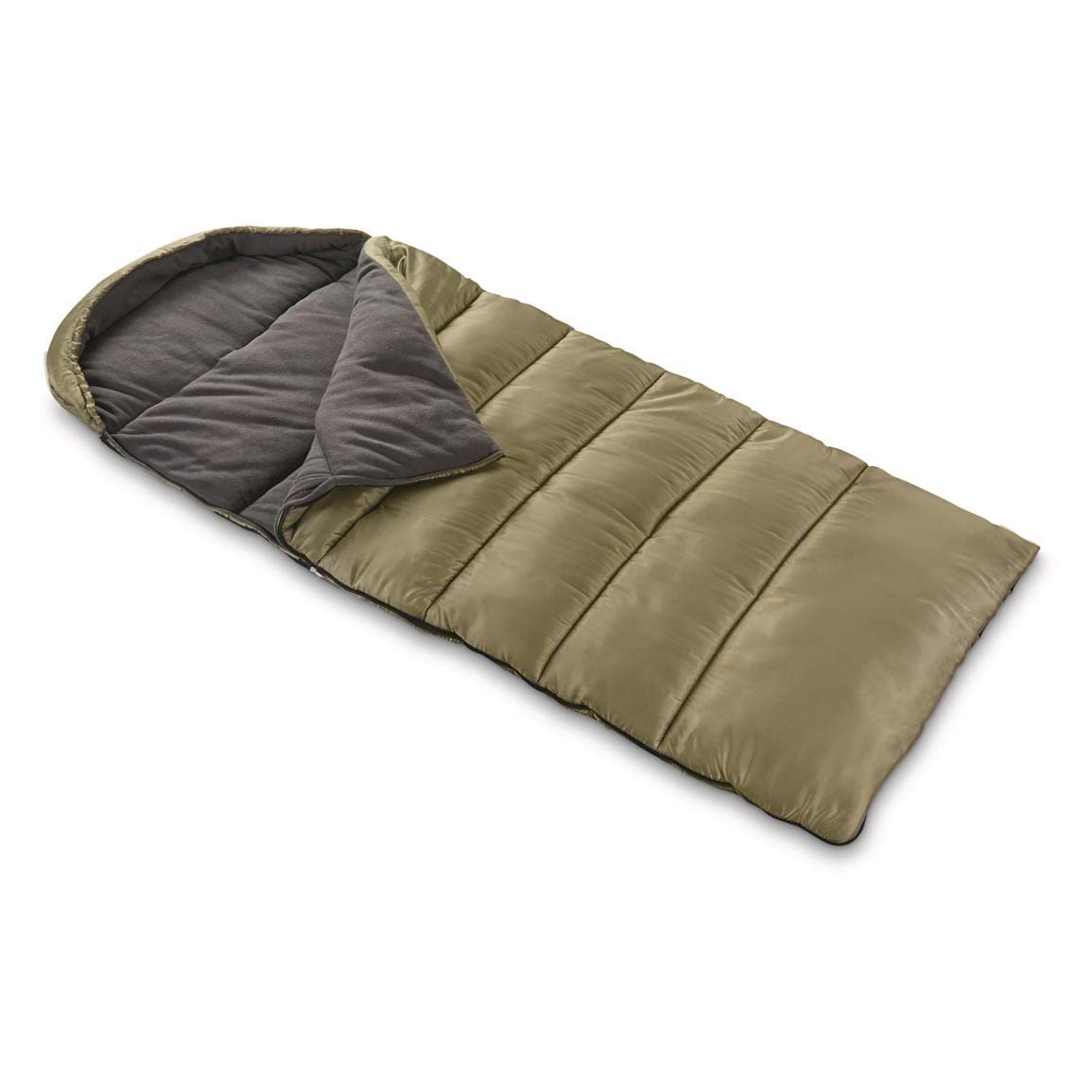 Guide Gear hooded sleeping bag shown with right-side zipper