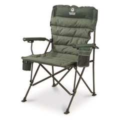 Folding chair from Guide Gear with 500-pound capacity demonstrates sturdy support.