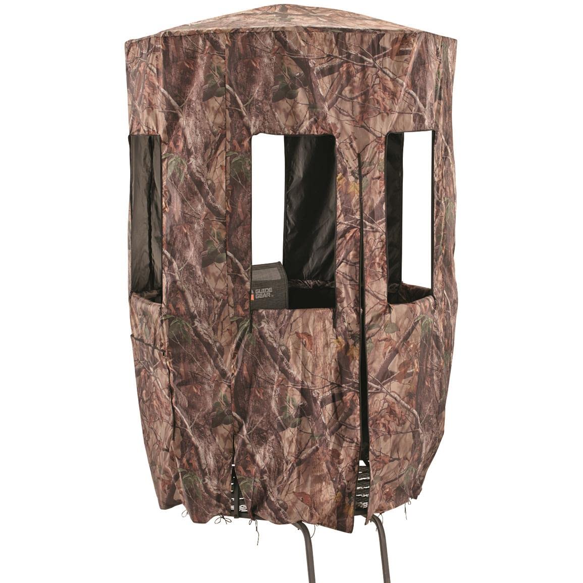 Guide Gear full blind enclosure on a 20ft tripod stand in camo for concealment and weather protection