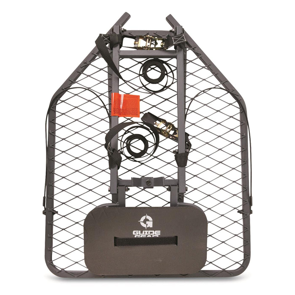 Guide Gear Hang-On Tree Stand seat close-up showing flip-up comfort for long hunts.