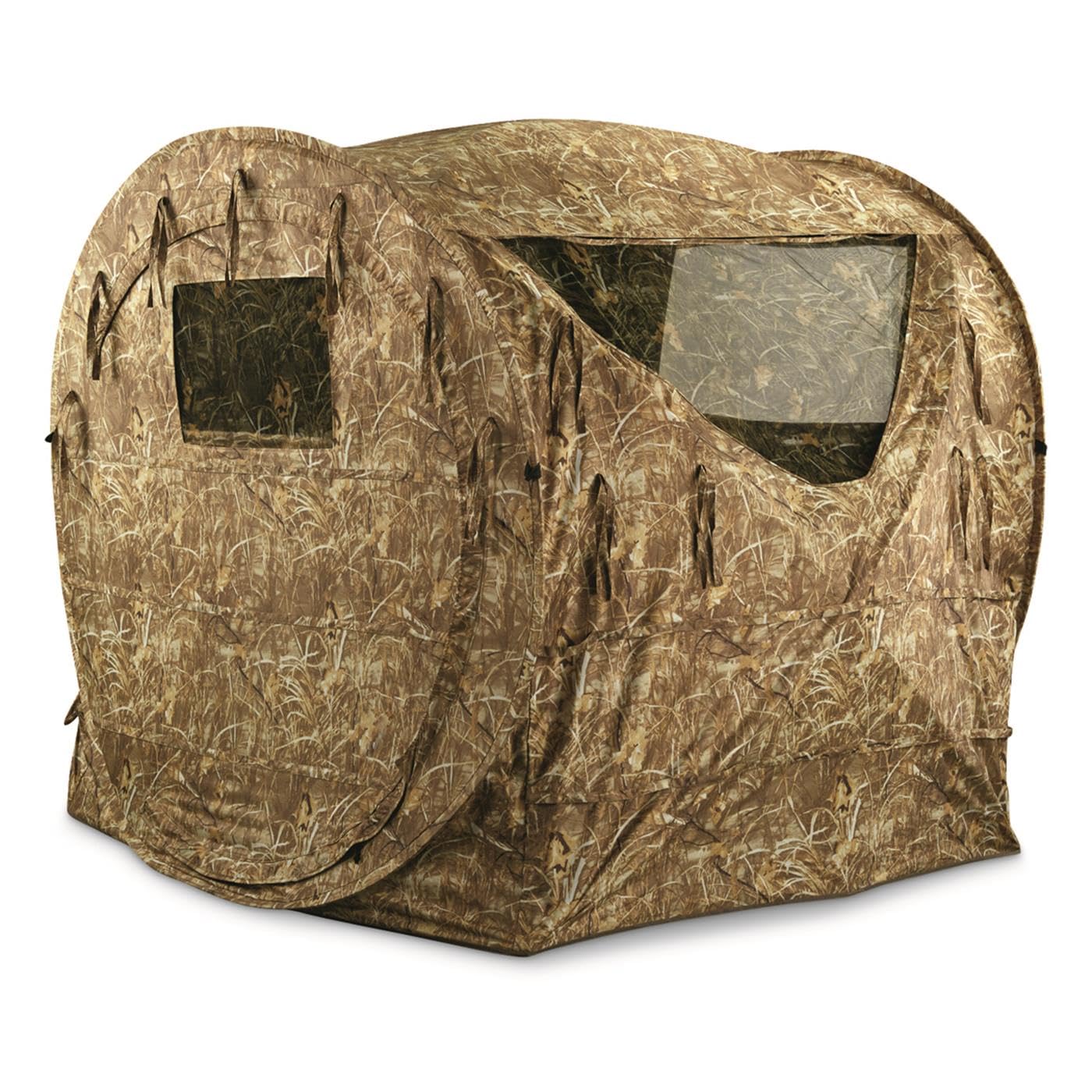 Guide Gear hay bale blind main window demonstrates wide sight lines for tracking and awareness.