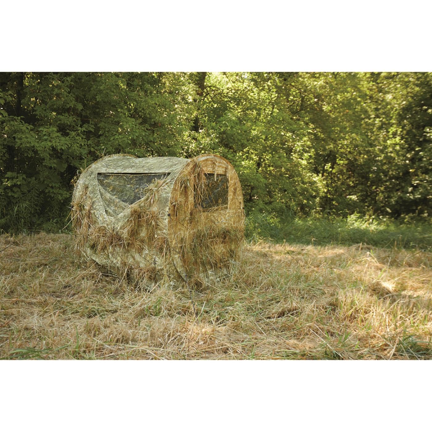 Guide Gear hay bale blind side view highlights portable concealment for quick hunts.