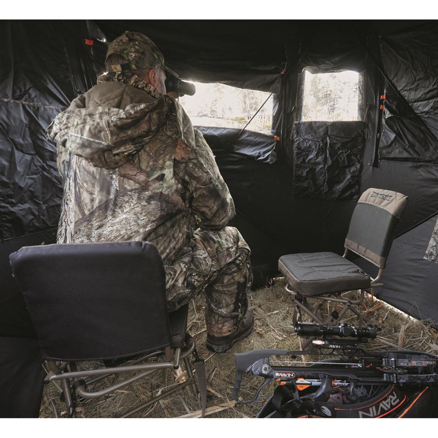 Black Huntrite swivel chair blends with hunting blinds and gear.