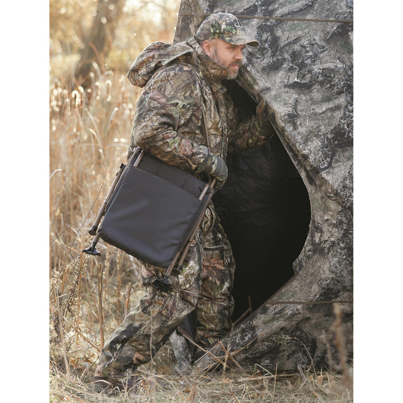 Padded cushion and compact frame provide comfort in blind setups.