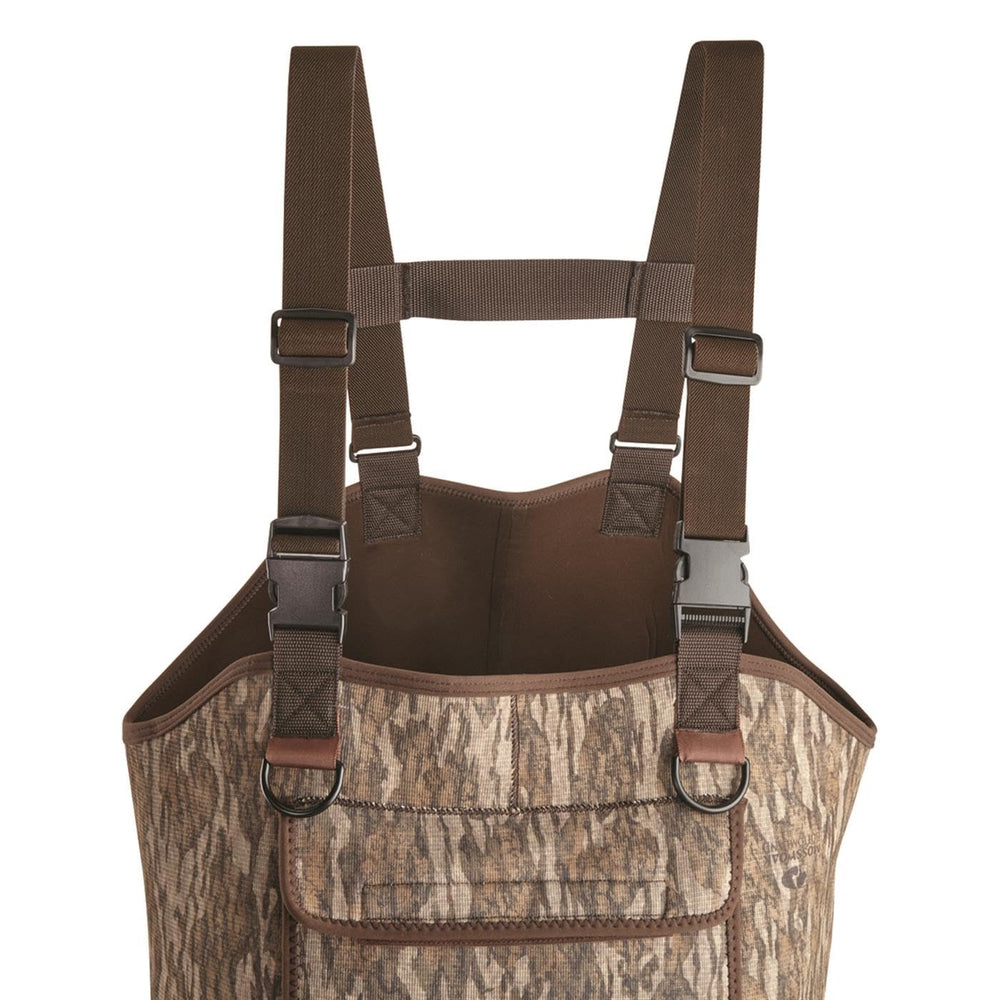 Guide Gear knee-area reinforcement on insulated chest waders for rugged terrain