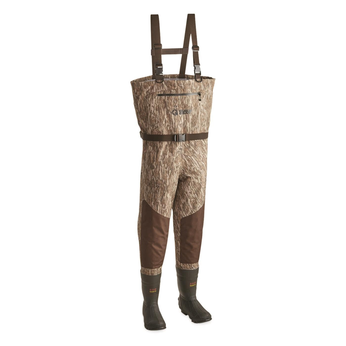 Guide Gear chest waders camo boot close-up showing rugged grip on wet terrain.