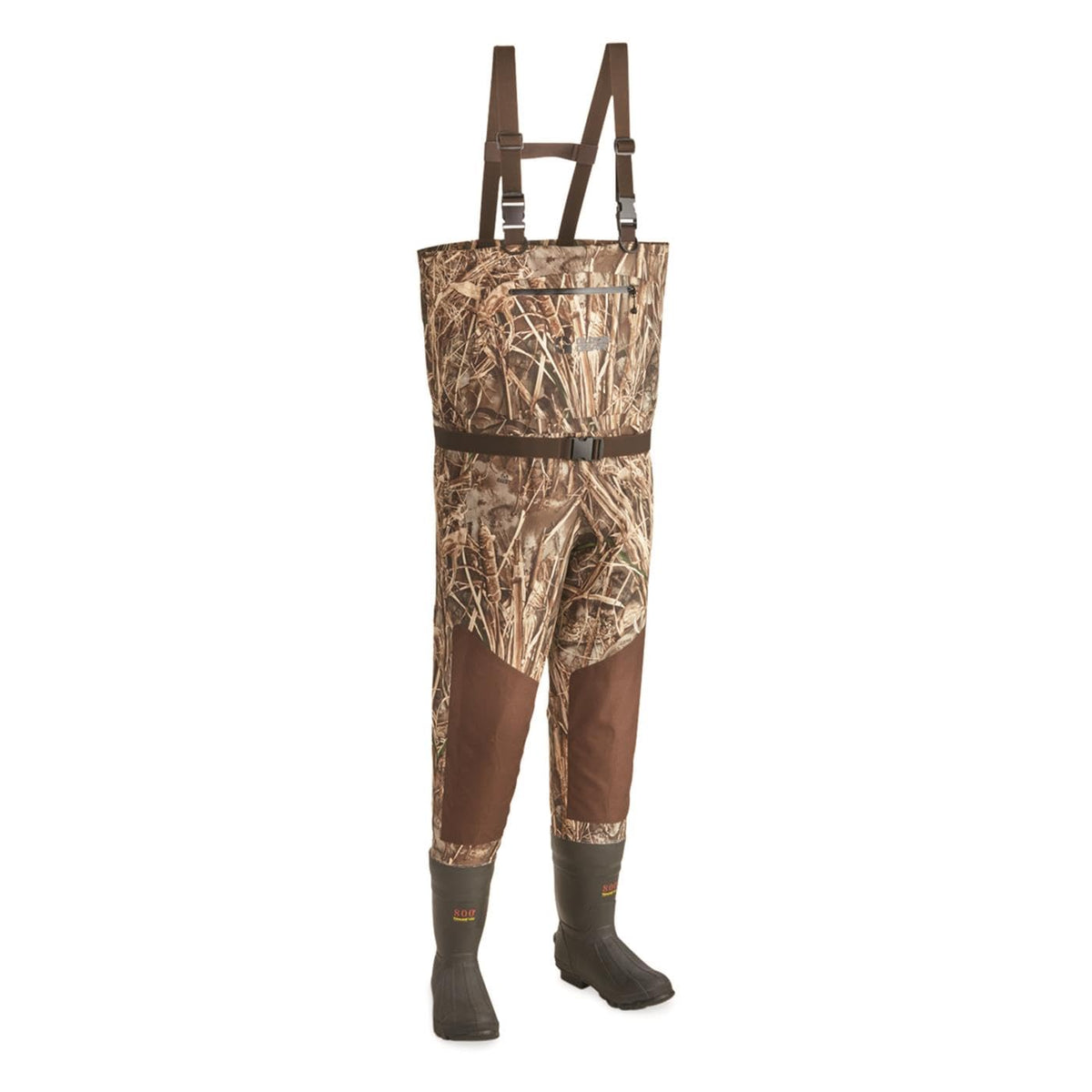 Guide Gear men's breathable hunting chest waders with boots in camo, warm fleece lining for cold days.