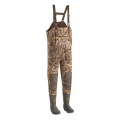 Guide Gear chest waders in Realtree Max-7 camouflage for warmth and dry comfort while fishing.
