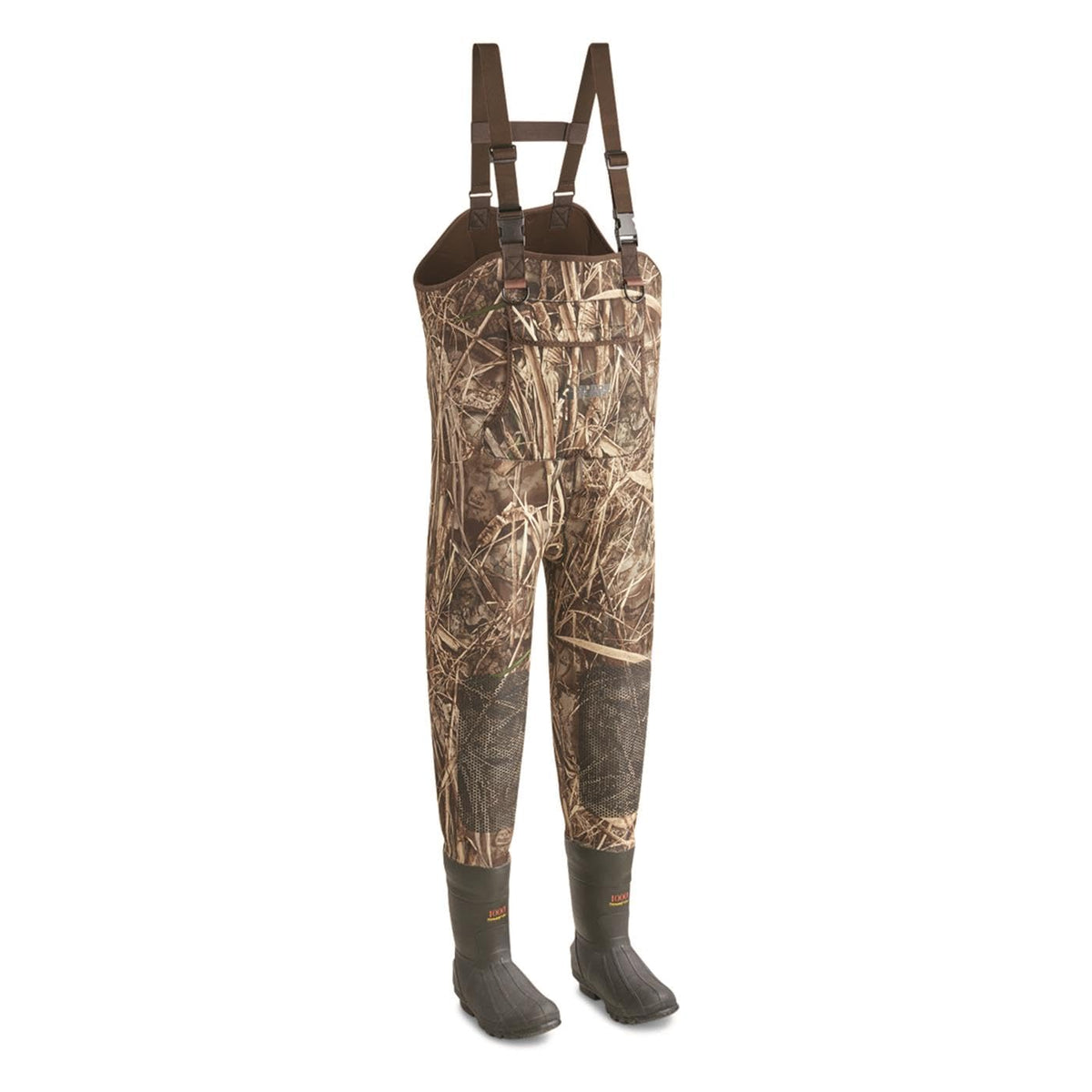 Guide Gear men's hunting chest waders with boots setup for rugged marsh conditions.