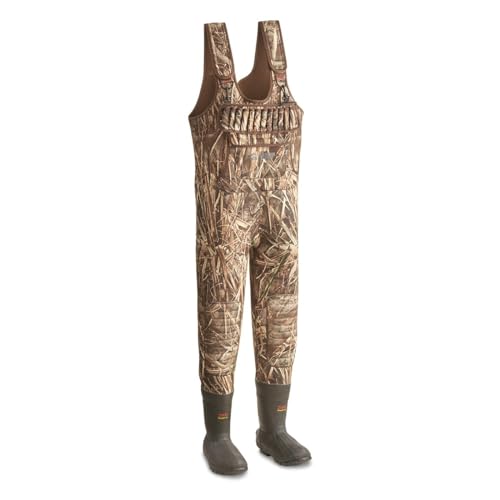 Guide Gear men's hunting chest waders with boots, side view showing fit and silhouette.