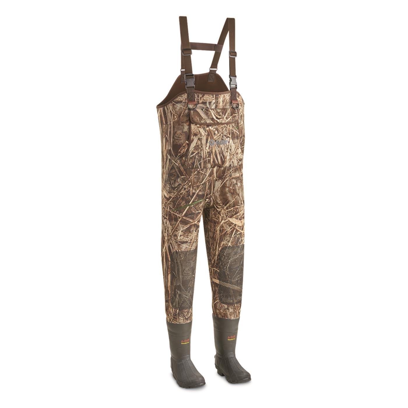 Guide Gear men's insulated chest waders in Realtree Max-7 camouflage for warmth and dry protection.