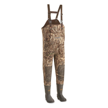 Guide Gear men's insulated chest waders in Realtree Max-7 camouflage for warmth and dry protection.