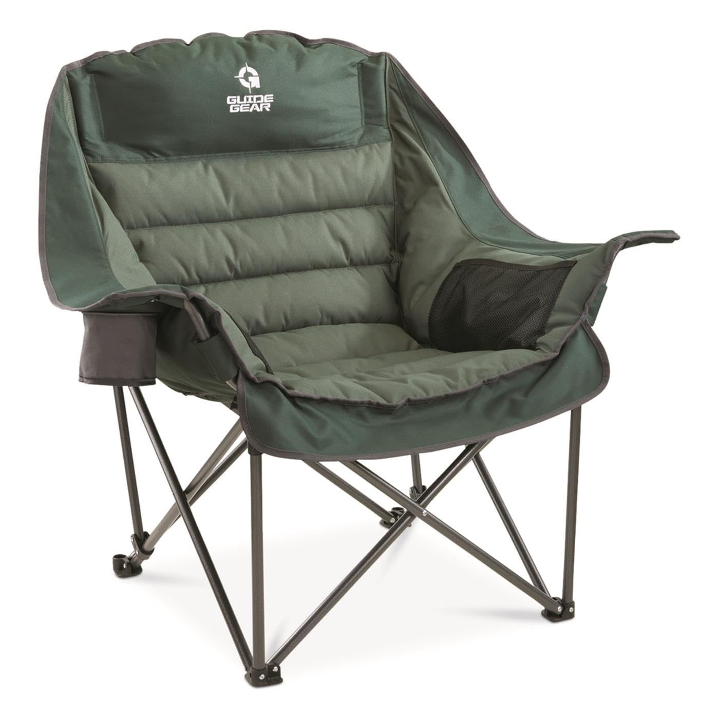 Guide Gear oversized camping chair in green folded for easy transport and storage.