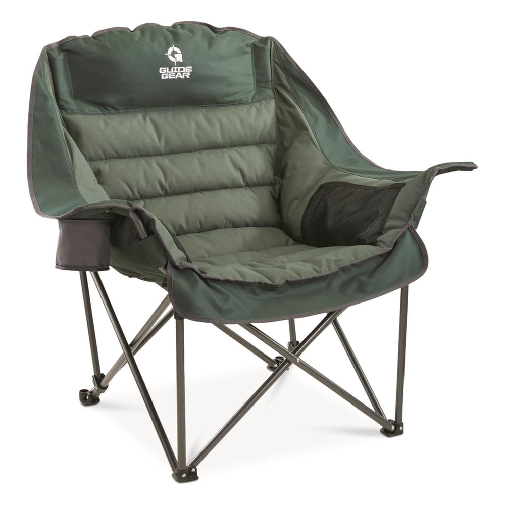 Guide Gear oversized camping chair in green folded for easy transport and storage.