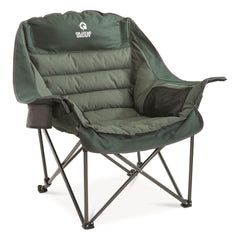 Guide Gear oversized camping chair in green folded for easy transport and storage.