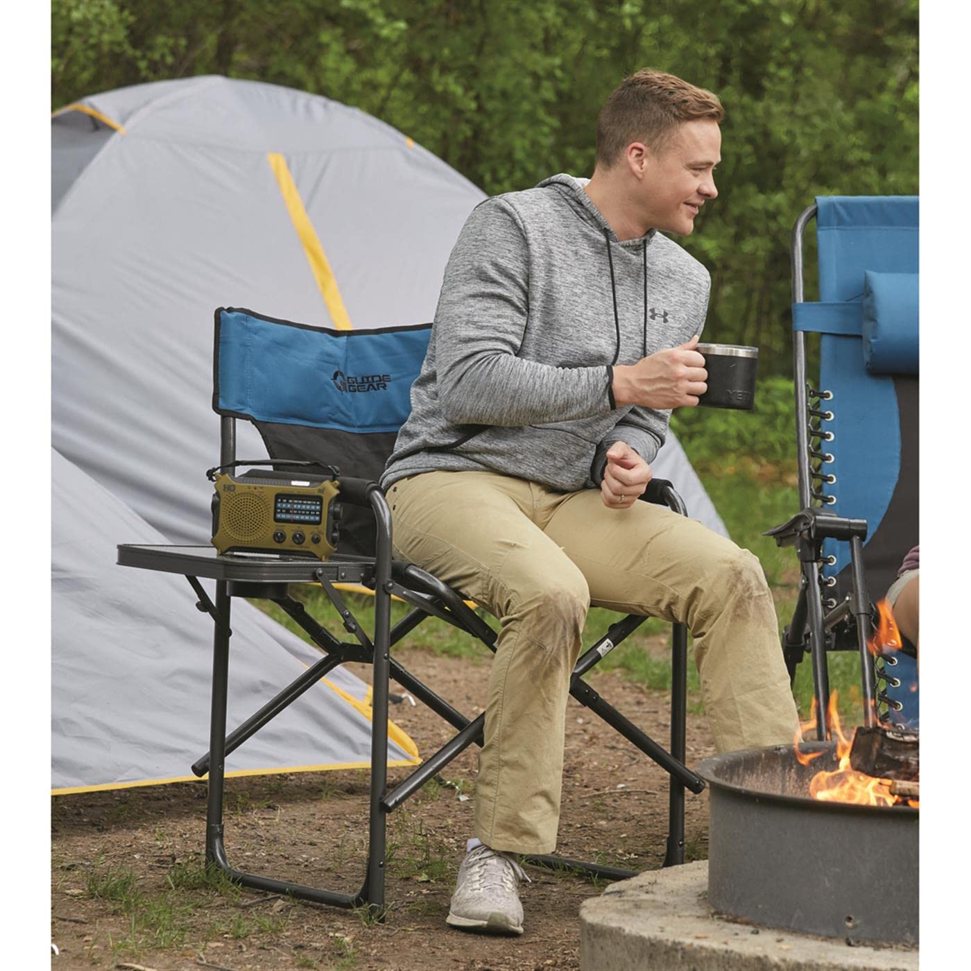 Guide Gear chair shows built-in side table for snacks and a convenient cup holder