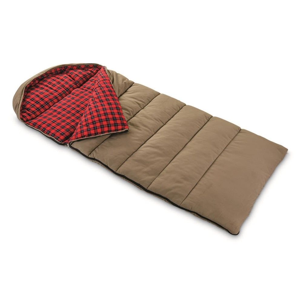 Guide Gear sleeping bag with plush flannel lining adds cozy warmth.