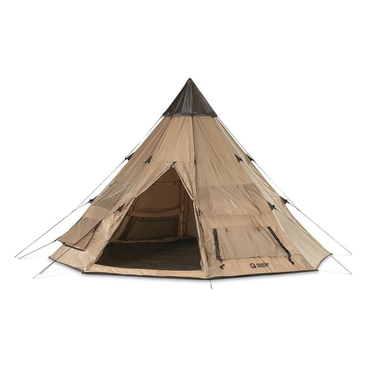 Guide Gear teepee tent center pole setup for fast pitching.