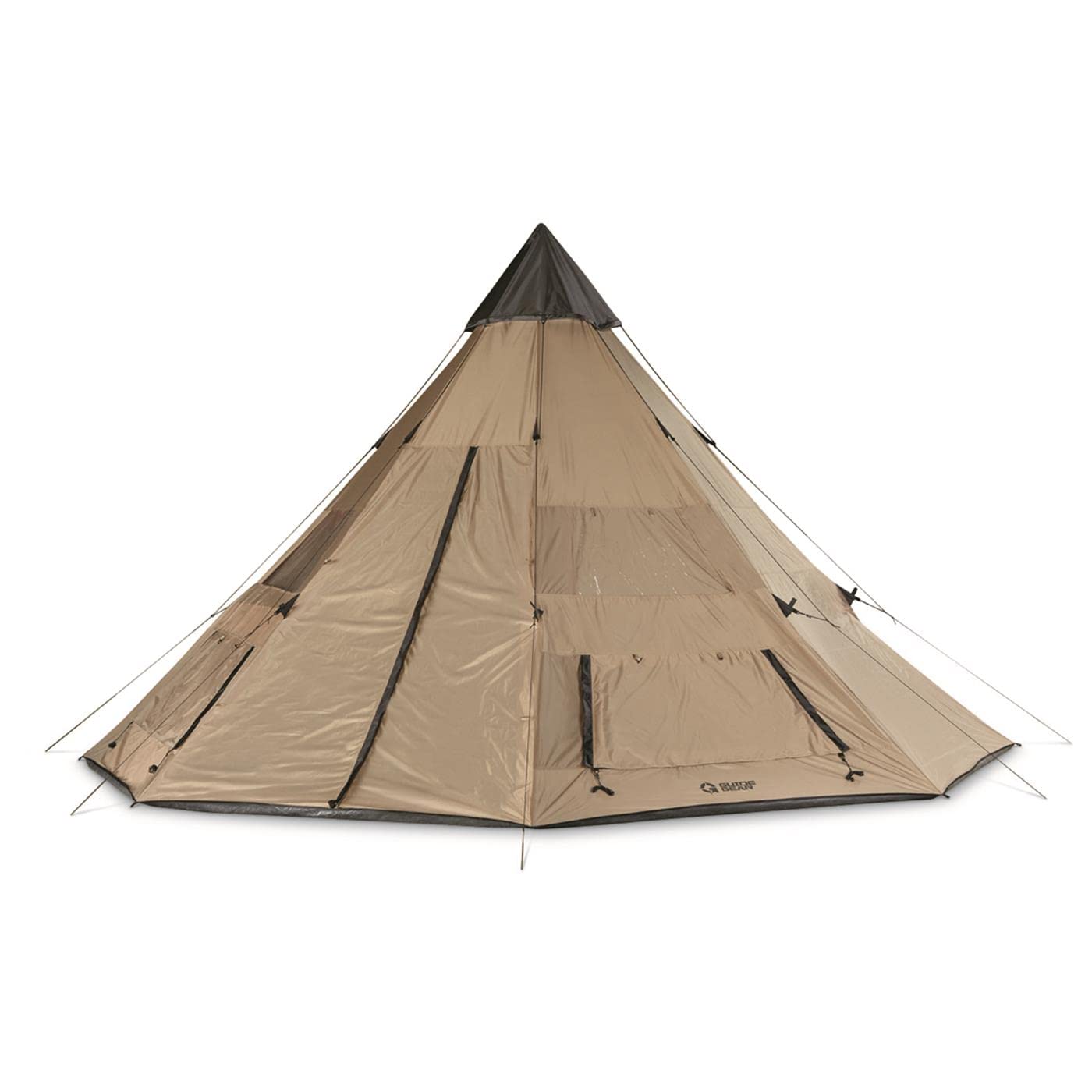 Guide Gear teepee tent with four windows and shades for views and privacy.